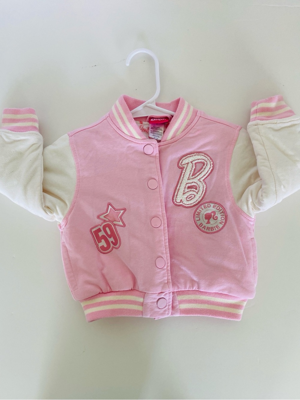 Barbie Pink & Cream Letterman Jacket Embroidered Patches French Terry Bomber 4